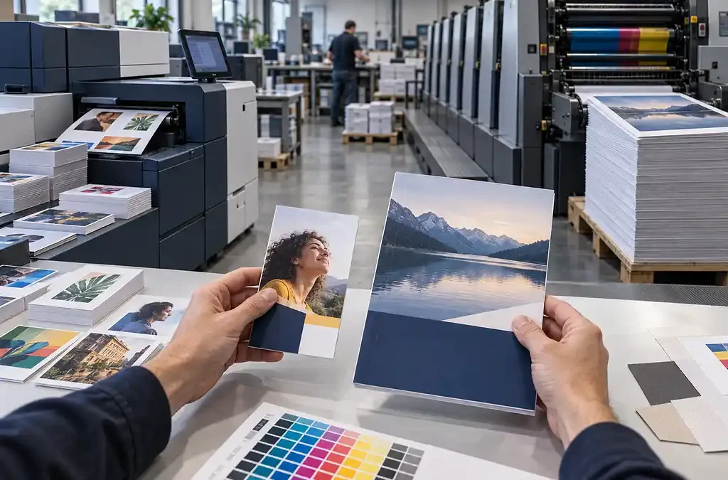 Comparaison d’un imprimé numérique personnalisé et d’un catalogue imprimé en offset dans un atelier.