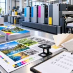 Contrôle qualité d’imprimés, échantillons de papier et vérification de conformité dans un atelier d’impression.