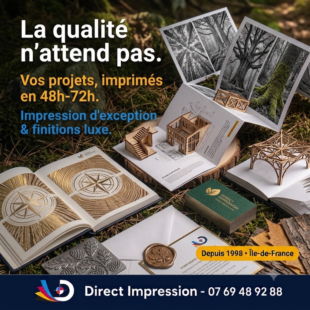 Exemples d’impressions haut de gamme avec dorure, gaufrage, papier texturé, cartes, brochure et maquettes architecturales