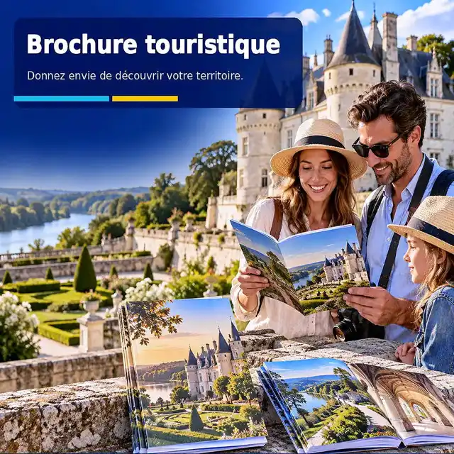 Brochure touristique : donnez envie de découvrir votre territoire. Une famille consulte une brochure devant un château au bord d'une rivière